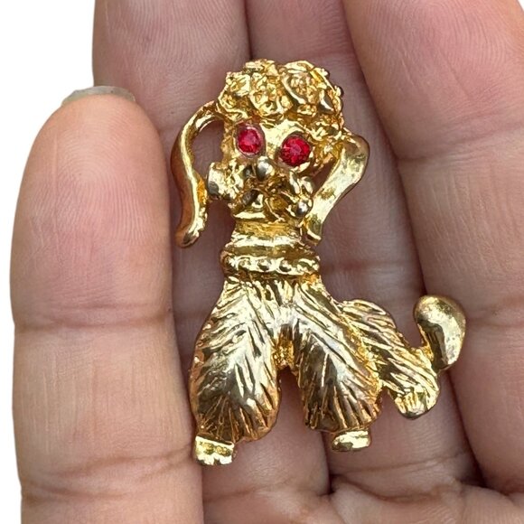 Vintage Gold-Tone Poodle Brooch With Red Rhinestone Eyes - Picture 1 of 9